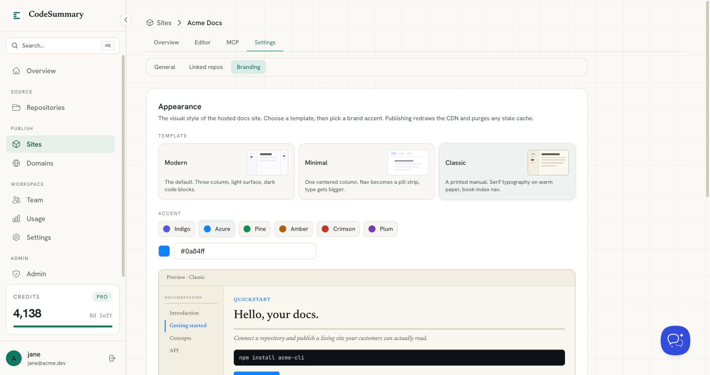Appearance settings with template and accent picker