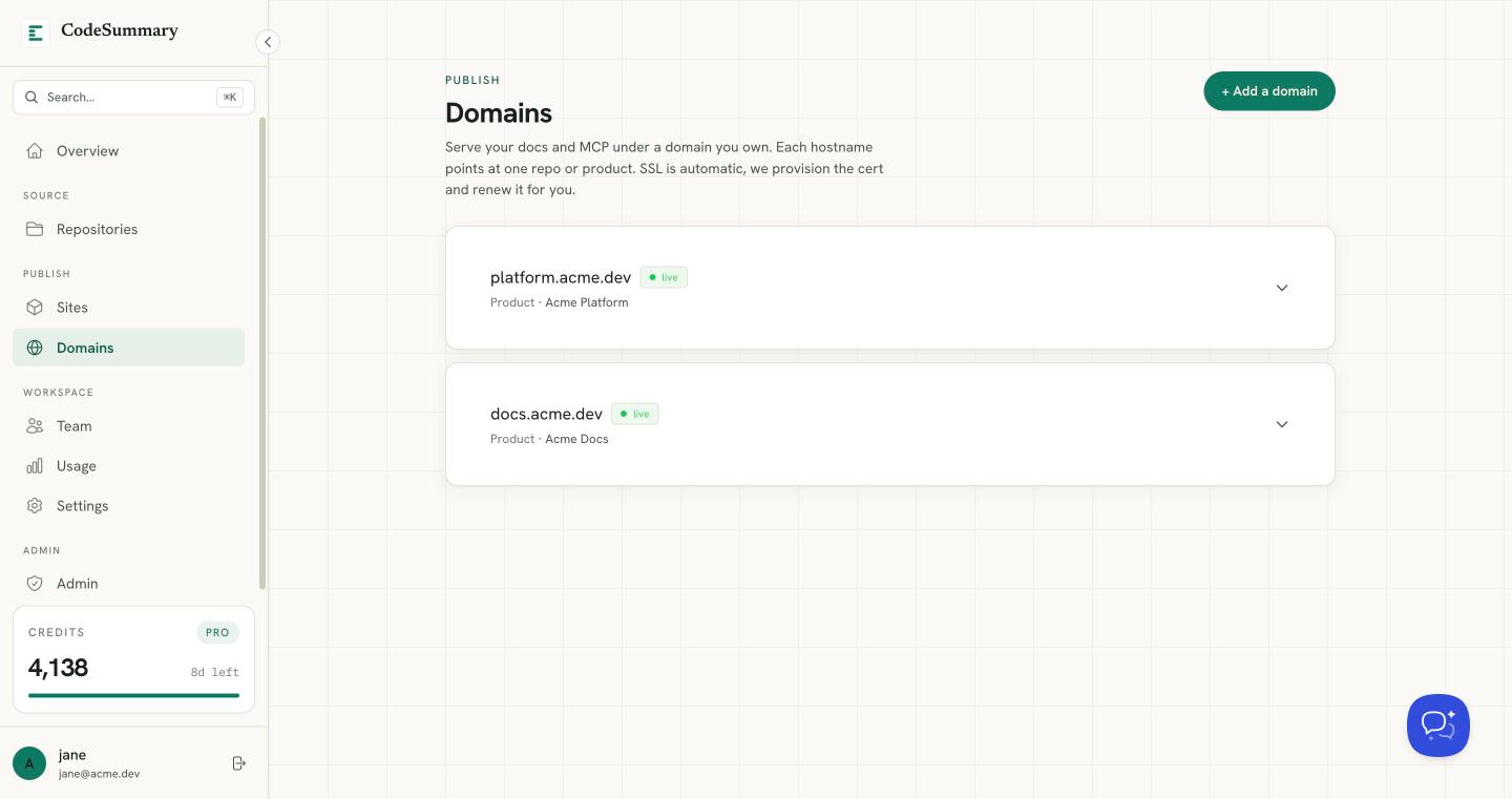Domains page with live custom domains