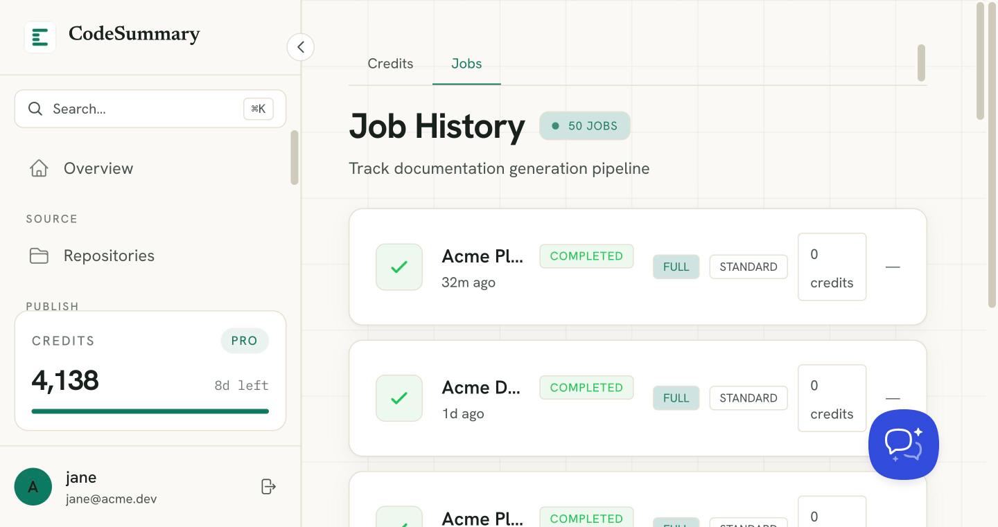 Job history showing documentation runs completing on every push