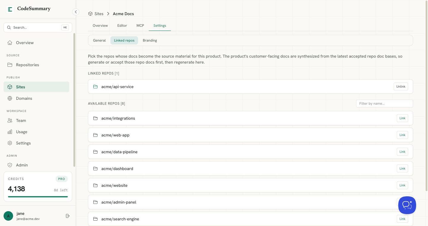 Linked repos panel on site settings