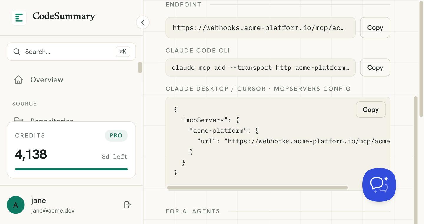 Private MCP endpoint card for a documentation site
