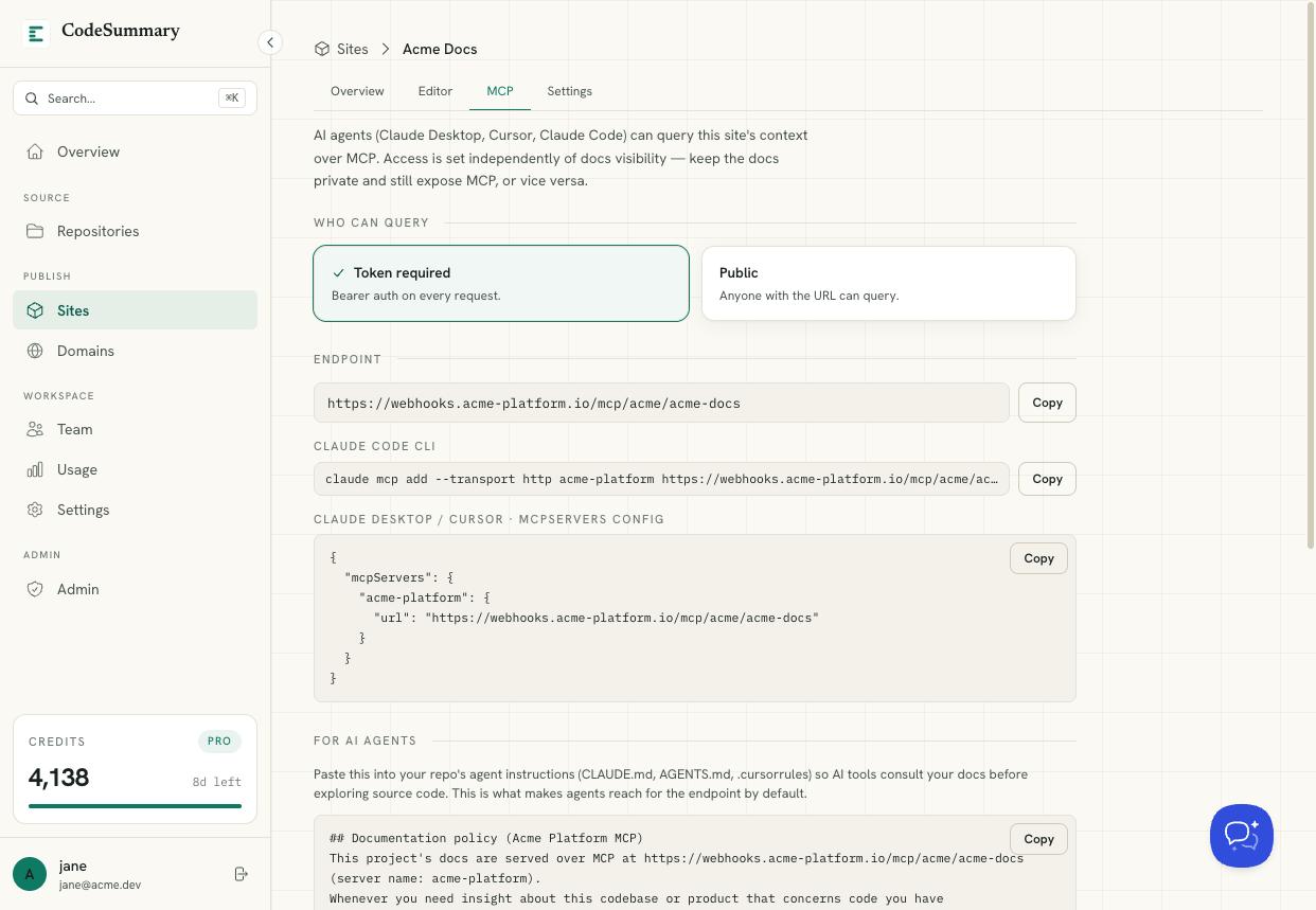 CodeSummary MCP endpoint settings and access controls