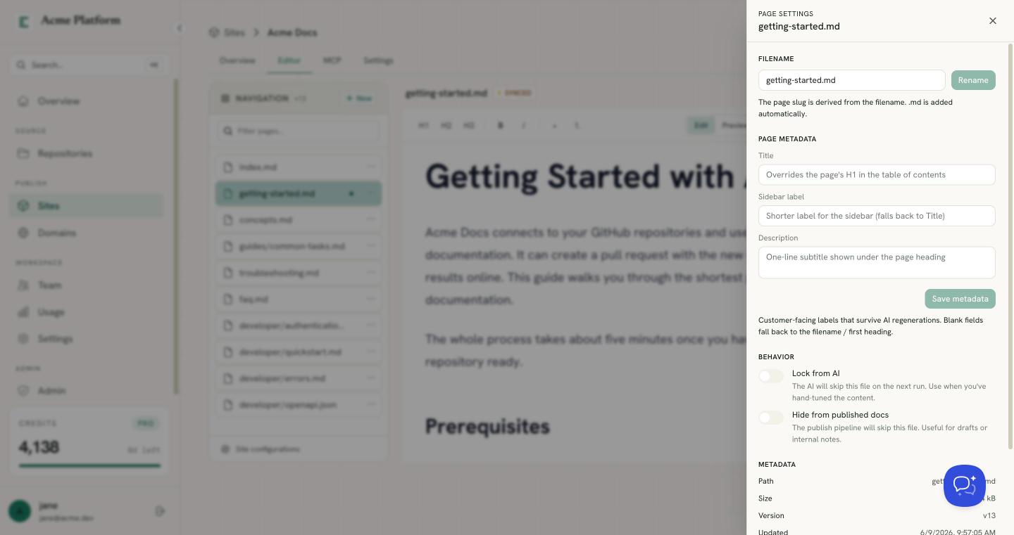Page settings drawer with metadata and behavior controls
