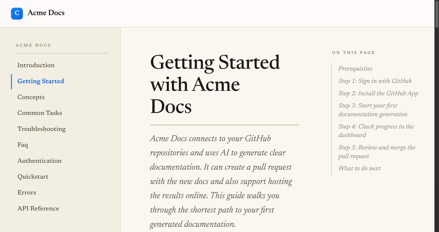 A published documentation site served on a custom domain