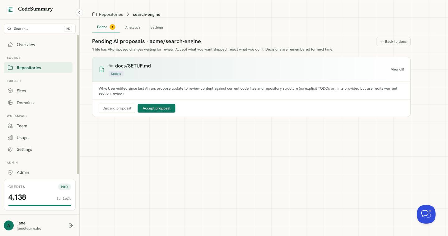 Review queue with a side-by-side proposed documentation update