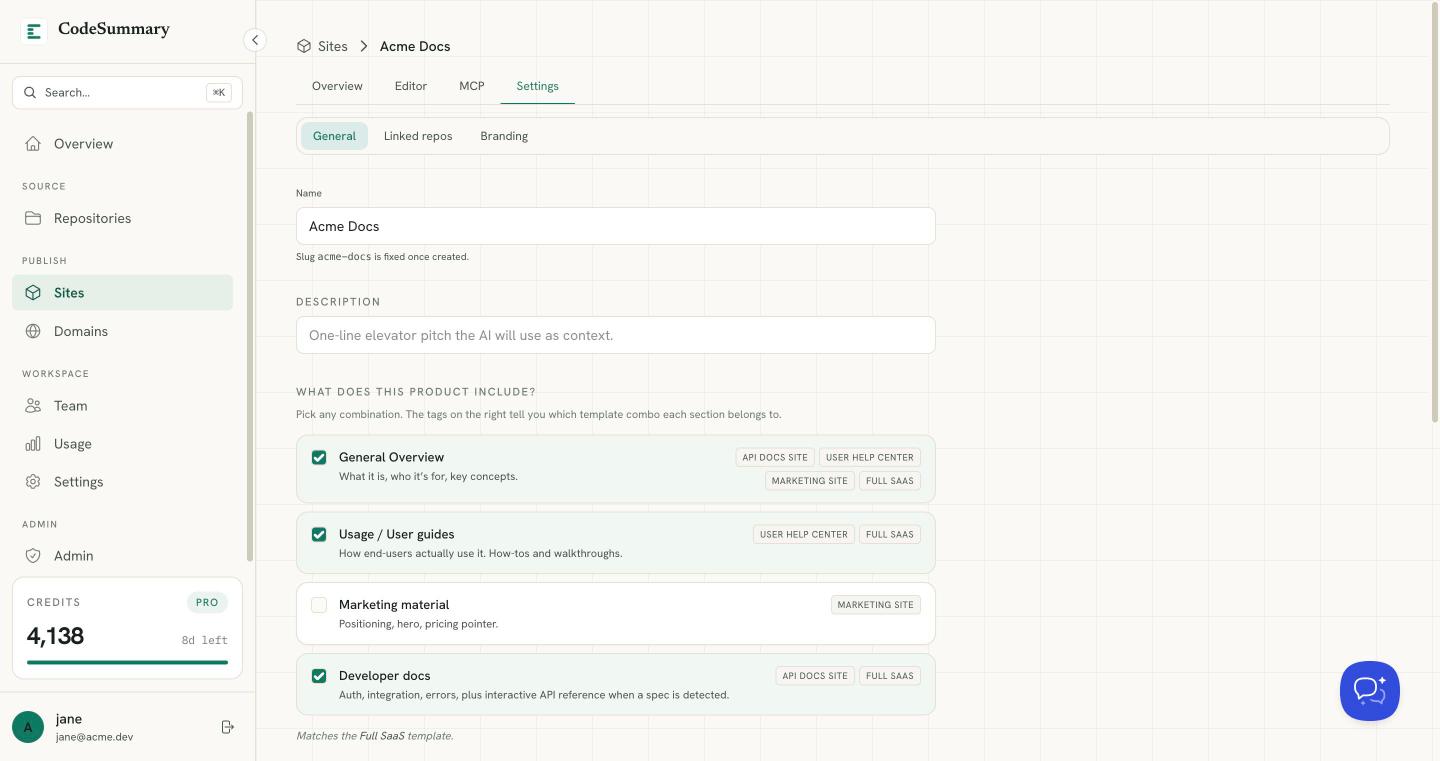 Section composer in the new-site wizard