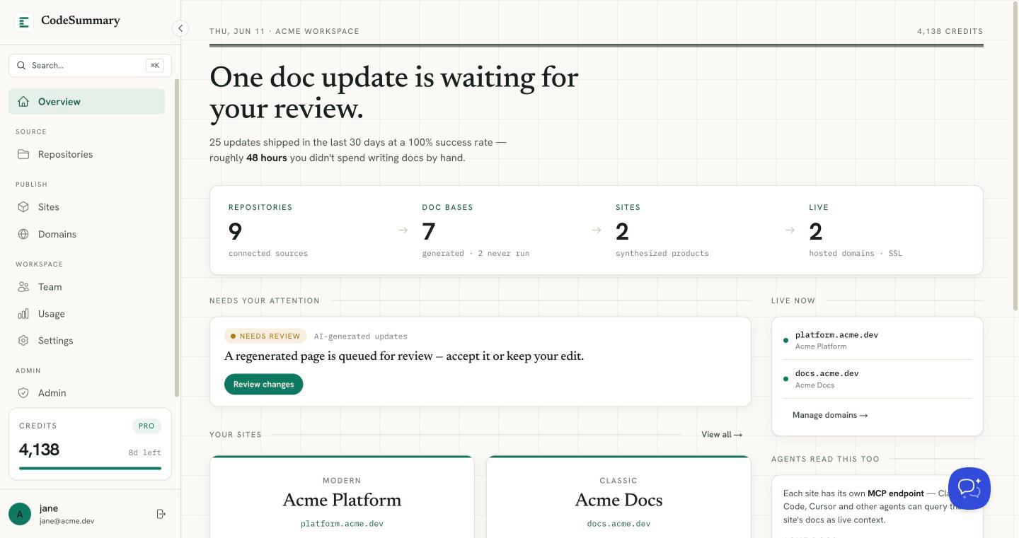 A CodeSummary documentation site with draft and published states