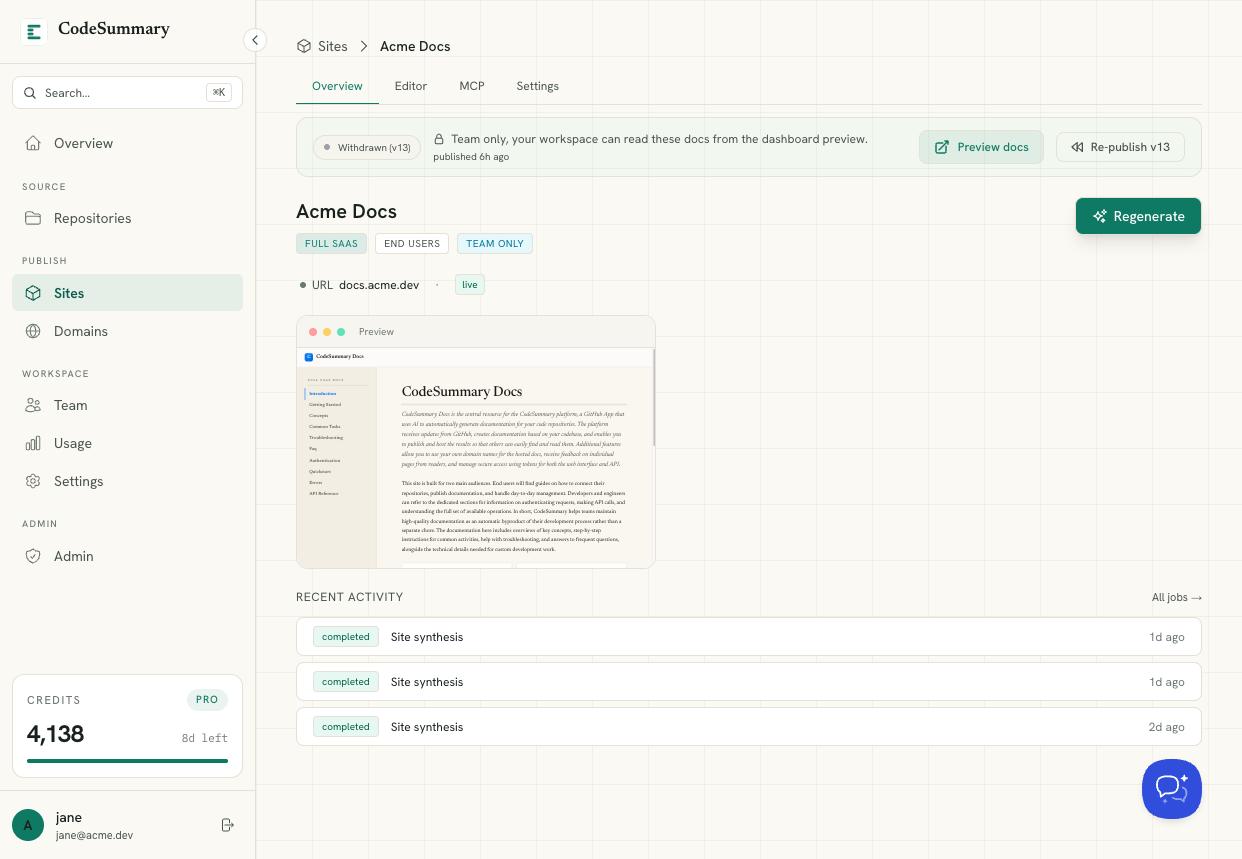 CodeSummary site overview with draft preview and publishing controls