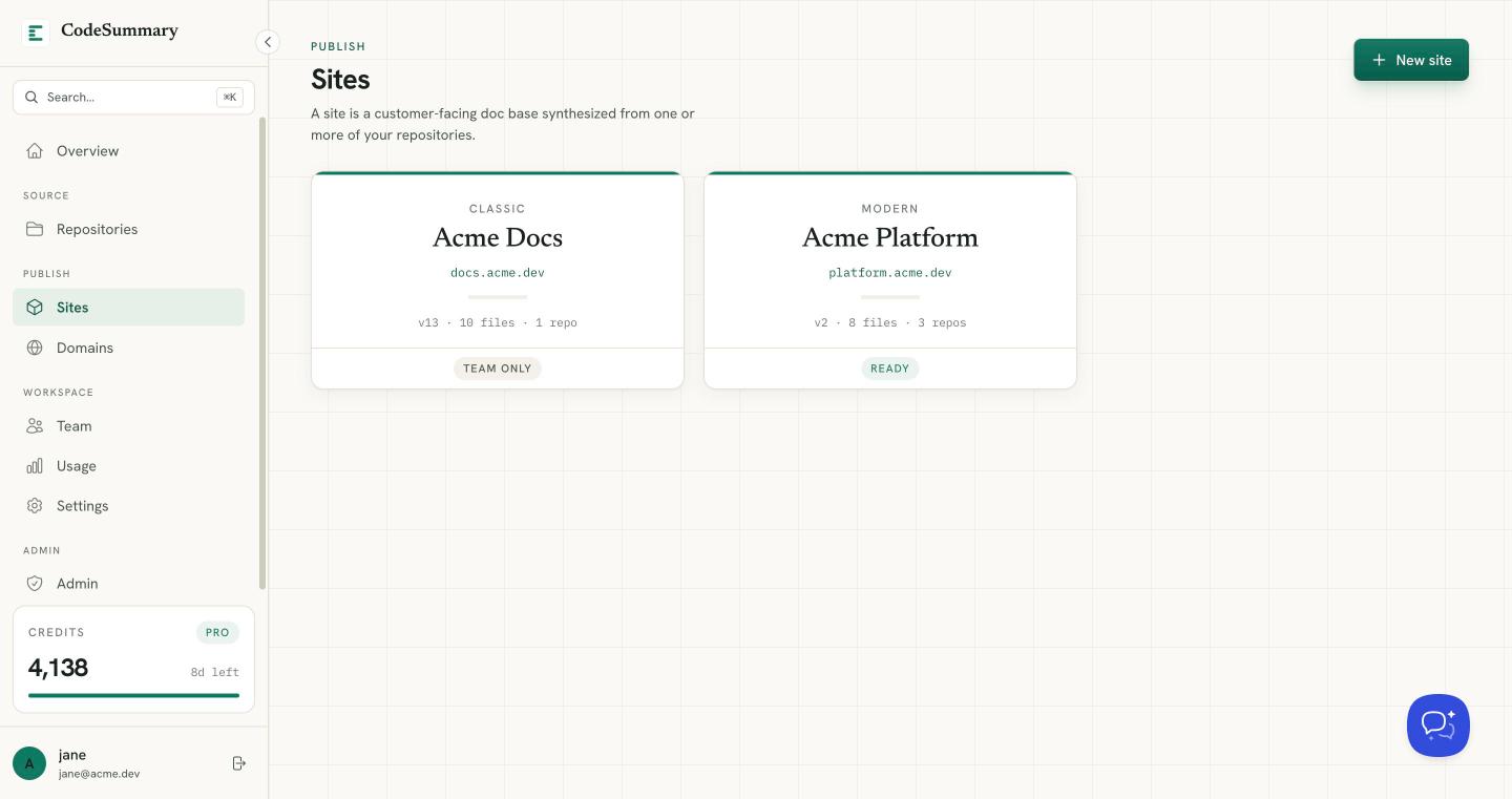 CodeSummary workspace with multiple documentation sites