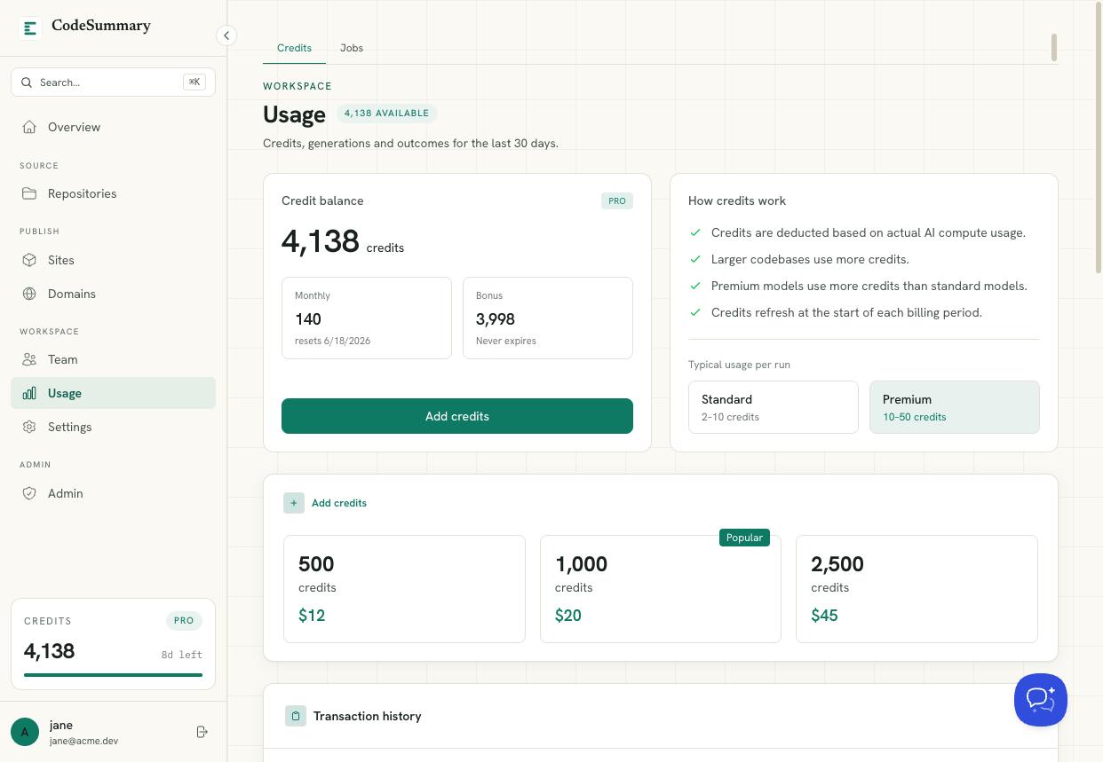 Usage page with credit balance and top-up packs
